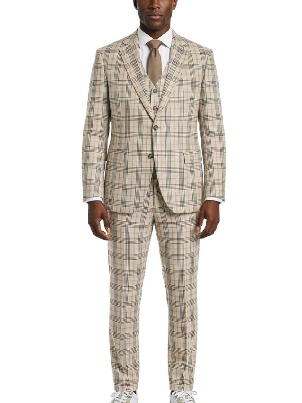 Tan Windowpane Plaid Peak Lapel 3 Piece Stacy Adams Men's Suit